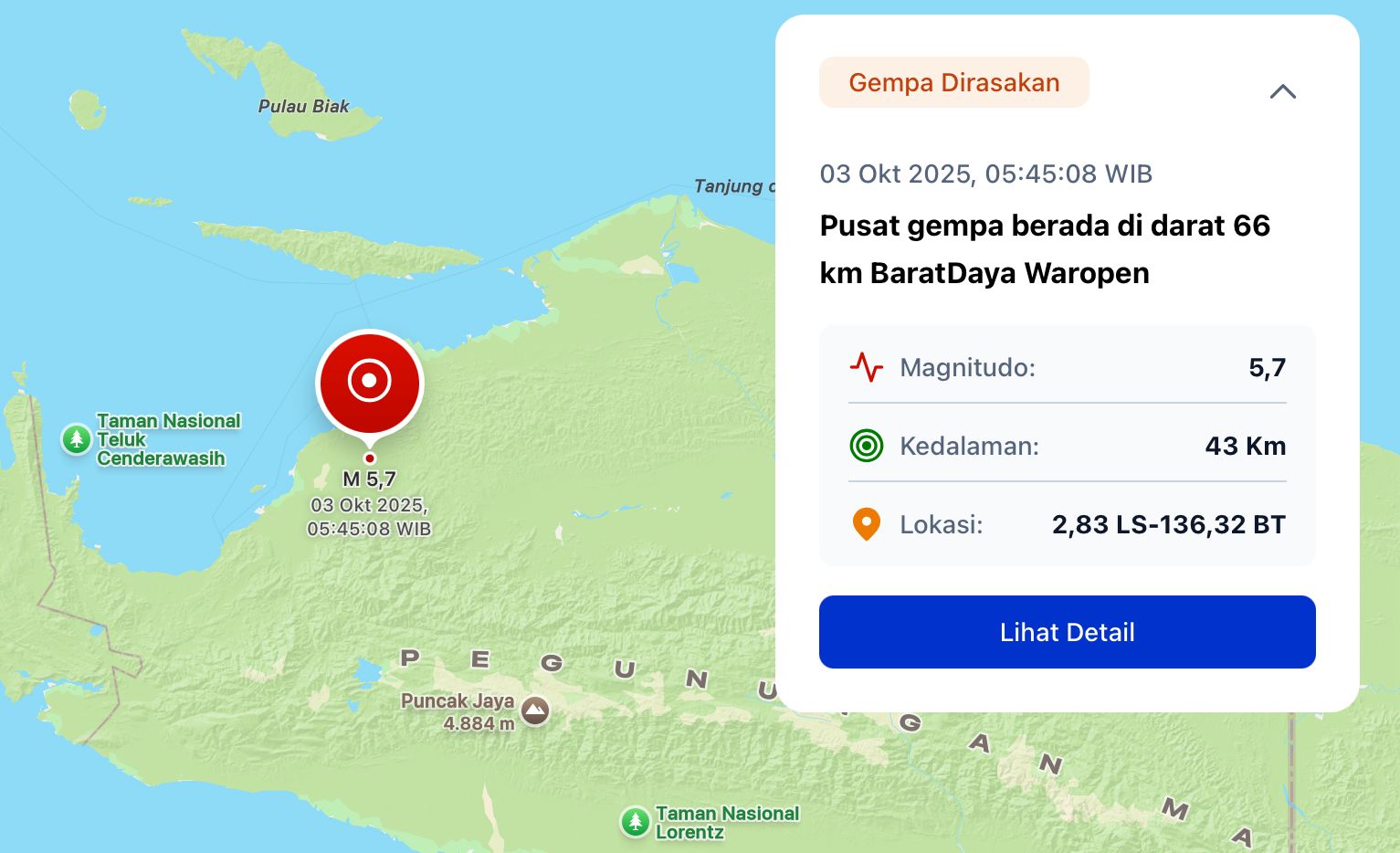Pagi Ini Waropen Diguncang Gempa 5,7 Magnitudo, BMKG Ungkap Penyebabnya