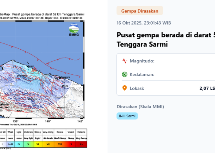 Gempa Magnitudo 5,0 Guncang Sarmi Papua, BMKG: Pusat Gempa di Tenggara Kota